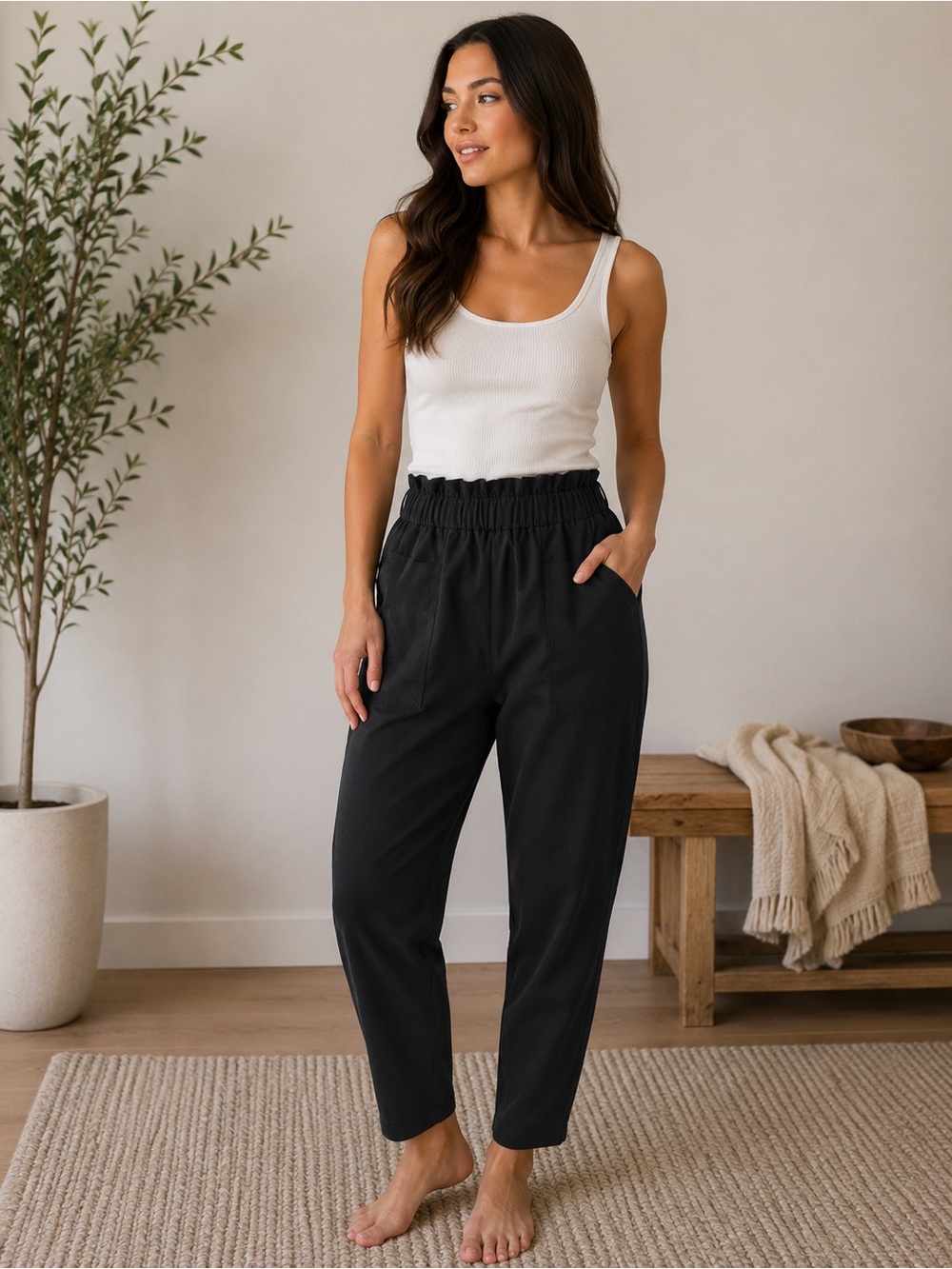 High-Waist Black Elastic-Waist Jogger Pants for Women